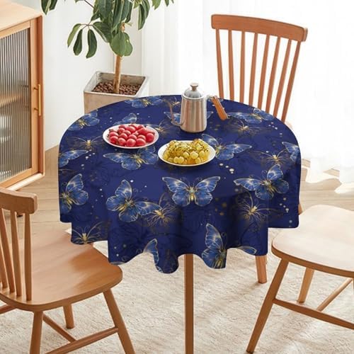 Retro Blue Butterfly Tablecloth, Luxury Golden Blue Butterfly Print Table Cover for Home Dining Decor Kitchen Party Outdoor, 70x70in