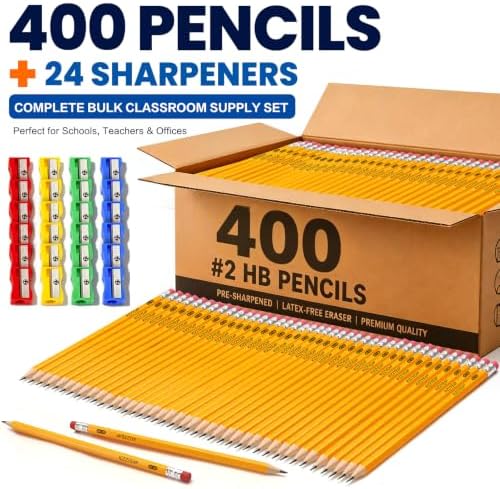 Pre-Sharpened Pencils Bulk Wood-Cased #2 HB Pencils 400 Count 24 Sharpeners