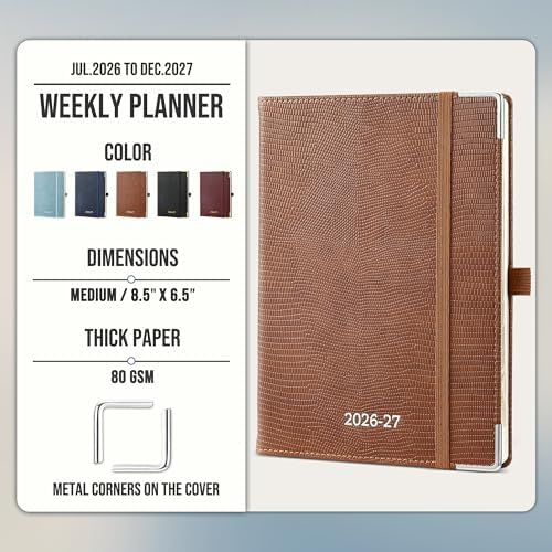 Planner 2026-2027 Weekly & Monthly Planner with Hourly Time Slots, 18 Month Academic Calendar July 2026 – Dec 2027, Vertical Layout, Monthly Tabs, Hardcover Business Agenda, Brown