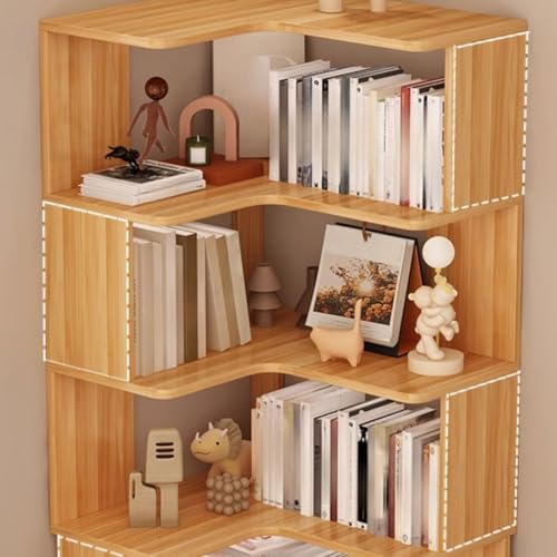 Vertical L-Shape Storage with Open Back 6 Shelves Corner Bookshelf Wood Floor Rack Student Integrated Wall Bookcase Corner Cabinet Multi-layer Storage Cabinet Light Walnut 24"L x 24"W x 75"H