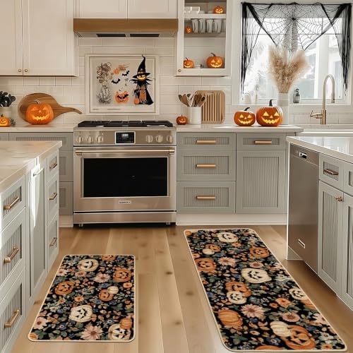 Baccessor Halloween Kitchen Rugs Set of 2, Spooky Pumpkin Floral Black Kitchen Mats Low-Profile Non Slip Washable Rugs for Floor Home Decor 17x29 and 17x47 Inch