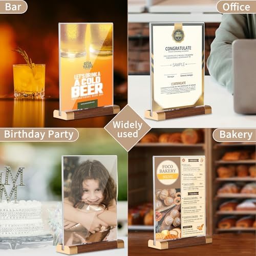 LIANHELILAI Acrylic Sign Holder 5" x 7" with Wood-Color Base, Tabletop Double-Sided Display Sign Frame Vertical Clear for Store/Coffee Shop/Restaurant Menu Hotel Display Board, 3 Pack T Shape