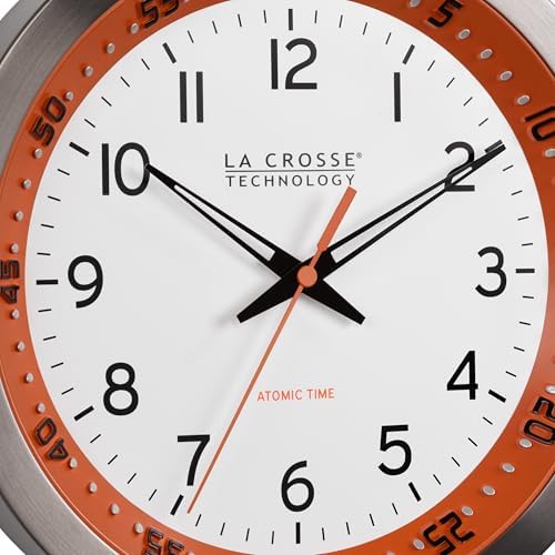 La Crosse Technology 404-87696-INT 10 inch Orange Chapter Ring Stainless Steel Atomic Analog Wall Clock