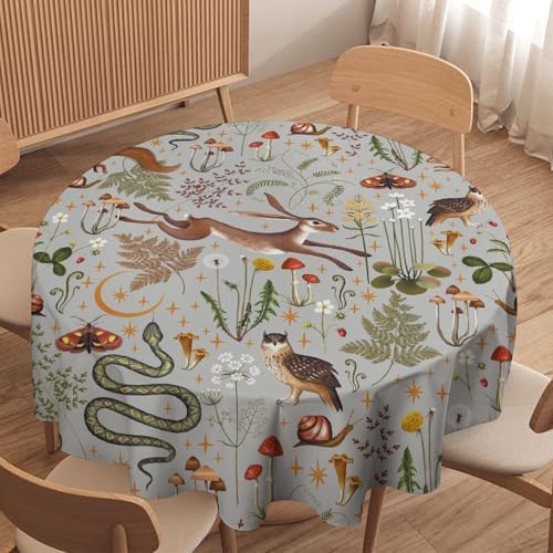 Woodland Animal Tablecloth, Grey Country Forest Hare Squirrel Owl Snake Snail Flowers Mushroom Print Table Cover for Picnic Party Holiday Home Kitchen Dining Table Decor, 36x36in