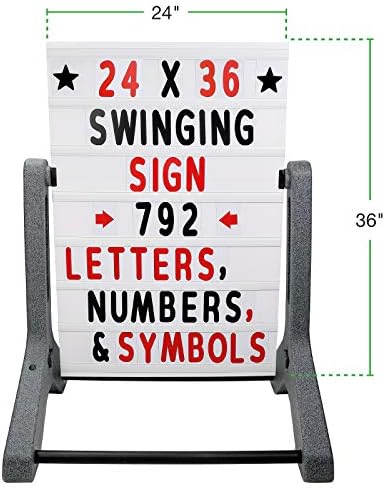 Swinging Changeable Message Sidewalk Sign: 24" x 36" Sign with 792 Pre-Cut Double Sided Letters and Storage Box. Includes Black Board & Letter Board (Granite Color Legs)