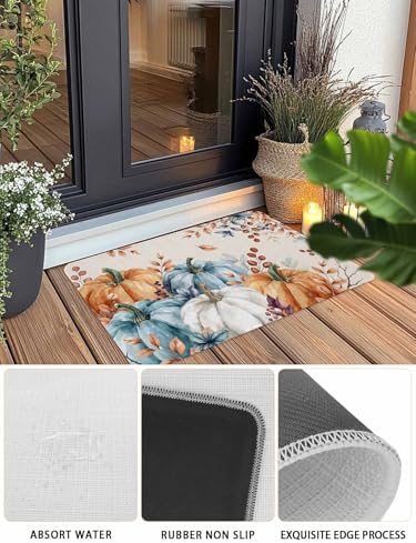 Fall Door Mat Orange Blue Pumpkin Doormat Autumn Floral Maple Leaves Harvest Thanksgiving Welcome Mat Non Slip Rubber Entryway Front Rug Floor Mat for Indoor Outdoor Kitchen Autumn Holiday Decor 18x30
