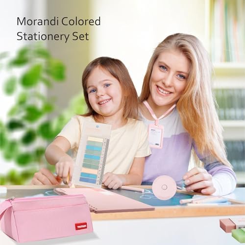 45PCS Morandi Color School Supplies Set with Notebook, Gel Ink Rollerball Pens, Pencil Cas, ID Badge Holder, fluorescent pens,Pencil, Erasers, Clip, tape measure, pen core