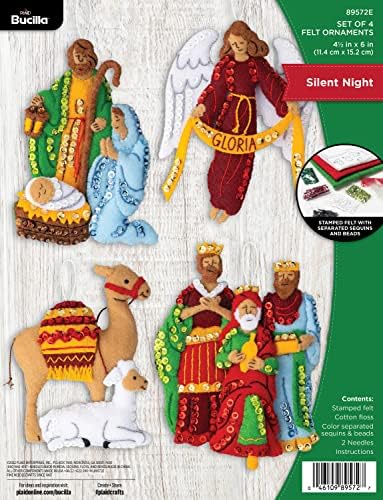 Bucilla Felt Applique 4 Piece Ornament Making Kit, Silent Night, Perfect for DIY Arts and Crafts, 89572E