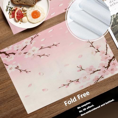 Batmerry Pink Cherry Blossom Linen Placemats Set of 4, Delicate Spring Blossoms Washable Table Mats for Kitchen Table Thickened Heat Insulation Dining Set Indoor Outdoor 12X18 in