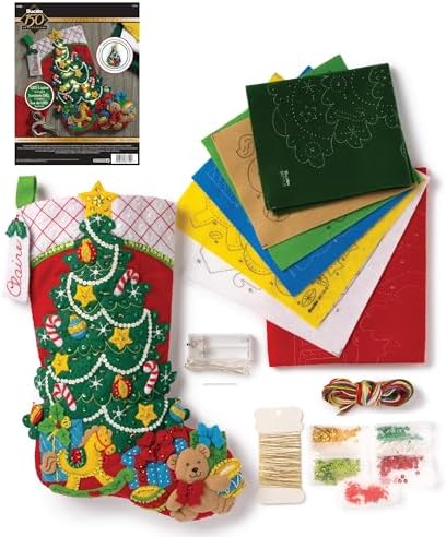 Bucilla Felt Applique 18" Stocking Making Kit with LED Lights, Christmas Tree Surprise, Perfect for DIY Arts and Crafts, 86710