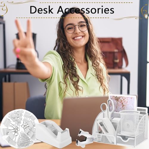 Office Supplies,Desk Accessories,Stapler and Tape Dispenser Set,1000 Staples,Staple Remover,Pen Holder,Folding Phone Holder,Journal Notebook,Ballpoint Pen,Scissor,Ruler,Clear Tape,Sticky Notes,Ect