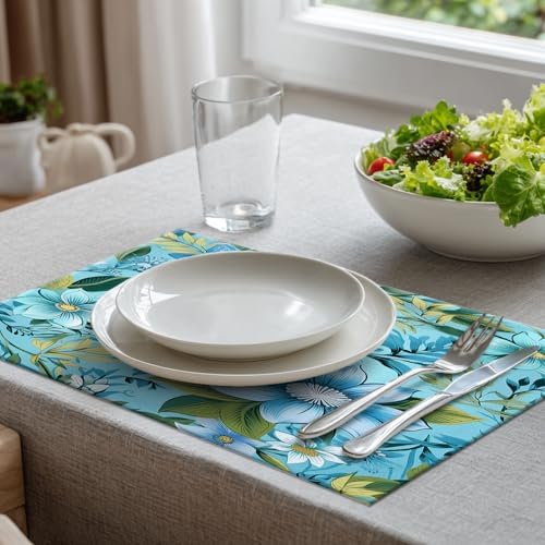 Batmerry Floral Light Blue Linen Placemats Set of 8, Blue Green Floral Washable Table Mats for Kitchen Table Thickened Heat Insulation Dining Set Indoor Outdoor 12X18 in