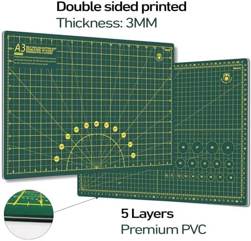 Headley Tools 18"x12" Thickened Self Healing Cutting Mat, A3 Rotary Cutting Sewing Mat for Crafts, Double Sided 5-Ply Table Cutting Board for Fabric Quilting Leather Arts Hobby Project, Green