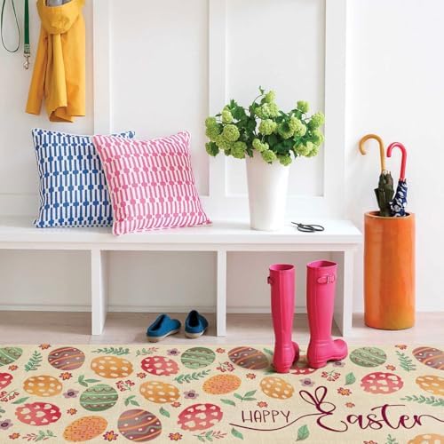 Happy Easter Kitchen Rugs and Mats Set of 2,Spring Eggs Flowers Floral Farmhouse Non Slip Washable Floor Sink Mats Decorations for Home Kitchen 18"x48"+18"x30"