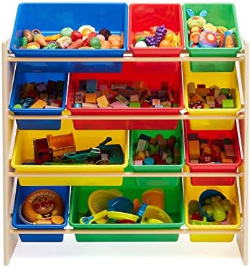 Amazon Basics Kids Toy Storage Organizer With 12 Plastic Bins, Natural Wood, Multicolor, for Bedroom and Playroom, 33.85"D x 12.79"W x 35.42"H