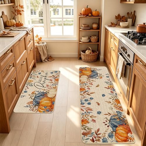 Baccessor Fall Kitchen Rugs Set of 2, Blue Pumpkin Floral Kitchen Mats for Floor Washable Low-Profile Farmhouse Autumn Holiday Home Indoor Outdoor Decor 17x29 and 17x47 Inch