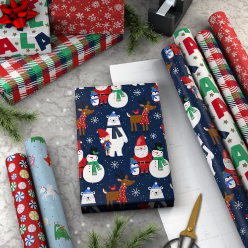 Hallmark Kids Christmas Wrapping Paper Rolls with Cutlines on Reverse (6 Rolls: 180 Sq. Ft. Total) Dinosaur, Unicorn, Flamingo, Koala