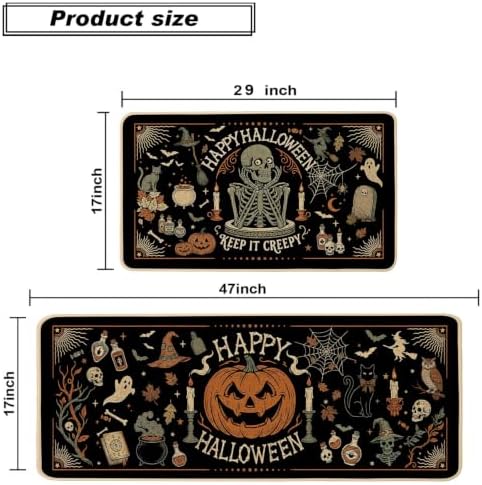 Baccessor Halloween Kitchen Rugs Set of 2, Vintage Skeleton Witch Black Kitchen Mats Low-Profile Non Slip Washable Rugs for Floor Home Decor 17x29 and 17x47 Inch
