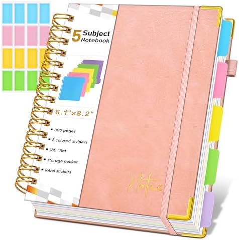 Spiral Notebook Journal with Removable Dividers Tabs, 300 Pages Hardcover Leather 5 Subject College Ruled Notebook, 6.1"x8.2" Large A5 Lined Journal for Women Men Spiral Notebook for Work School,Pink