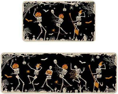 Halloween Kitchen Mat Decor, Skeleton Black Halloween Kitchen Rugs Set of 2