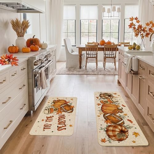 Baccessor Fall Kitchen Rugs Set of 2, Football Pumpkin Spice Latte Kitchen Mats for Floor Washable Low-Profile Farmhouse Autumn Holiday Home Indoor Outdoor Decor 17x29 and 17x47 Inch
