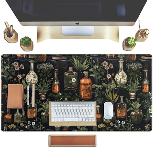 Black Aesthetics Desk Mat Mouse Pad Large Gaming Mouse Pad Desk Pad Mousepad, Mystical Green Plant Computer Laptop Keyboard and Mouse Mat, Desktop Protector Mat for Women Girl Office 31.5x15.8 in