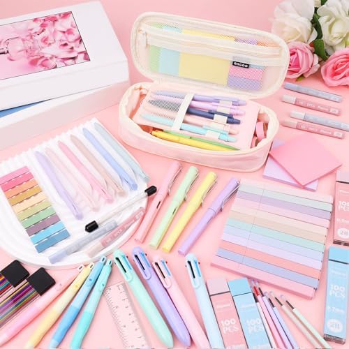 80Pcs Aesthetic School Supplies with Cute Pencil Case, 12 Pastel Highlighters, 4 Multicolor Ballpoint Pens, 6 Gel Pens with Refills, 10 Mechanical Pencils with Leads for Student Stationery Set(Pink)
