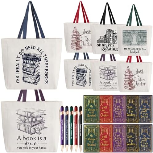 Fulmoon 10 Set Christmas Book Club Gifts Bulk Book Lovers Canvas Tote Bags with Notebooks Ballpoint Pens for Bookish Librarian Reader Women Gifts