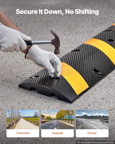 VEVOR 6FT Rubber Driveway Speed Bumps for Road-2PCS, Heavy Duty 2 Channel Modular Traffic Speed Humps, 22000 lbs/Axle Load Capacity, 72'' Cable Protector Ramp with Screws for Asphalt Concrete Gravel