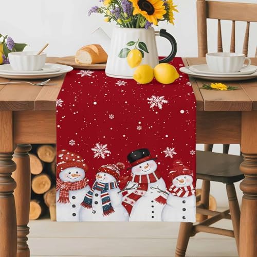 Christmas Snowman Red Table Runner Dresser Scarf 13 x 120 Inch Cute Xmas Snowman Snowflakes Winter Table Runners Non-Slip Heat Resistant Kitchen Dining Table Decor for Home Holidays Indoor Outdoor