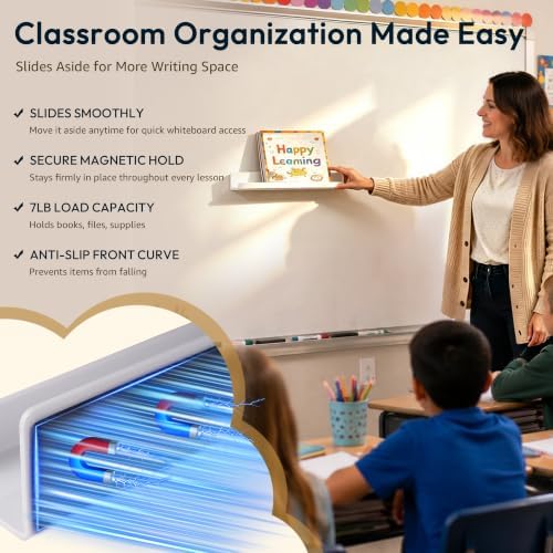 2 Pack 17" Magnetic Acrylic Bookshelf with Pen Holder, Reusable Magnetic Display Shelf for Whiteboard, Storage Organizer for Classroom, Kids Room, Office, Kitchen & Garage