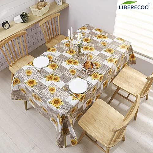 LIBERECOO Vinyl Tablecloth with Flannel Backing, Sunflower 60 x 84 Inch Rectangluar Tablecloths Stain-Resistant Waterproof Plastic Table Cover for Indoor/Outdoor