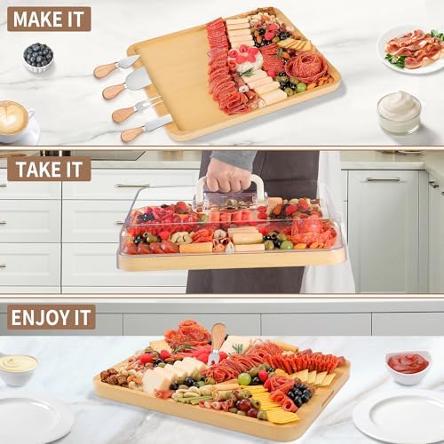 CAWIU Large Charcuterie Board with Lid, Portable Cheese Board & Snack Tray