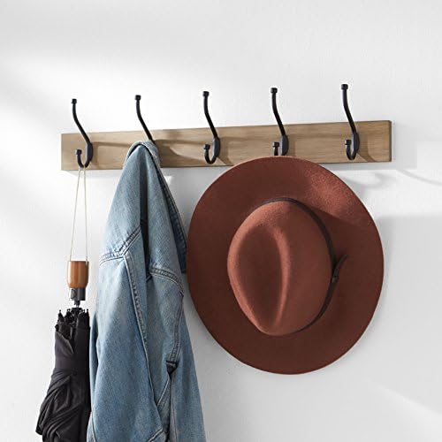 Amazon Basics Rectangular Farmhouse Wall-Mounted Coat Rack for Entryway and Bedroom, Storage Organizer, 5 Hooks, Barnwood