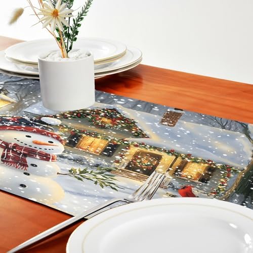 ALAZA Double-Sided Christmas Snowman Bird Snowflake Table Runner 14x108 Inches Long,Table Cloth Runner for Wedding Birthday Party Kitchen Dining Home Everyday Decor
