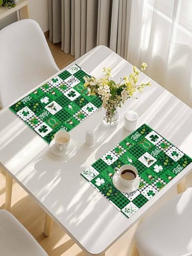 St Patrick's Day Placemats Set of 6,Lucky Shamrock Clover Gnomes Cotton Linen Heat Resistant Table Mats Green Black White Buffalo Gingham Plaid Washable Spring Holidays Decorations For Kitchen Dining