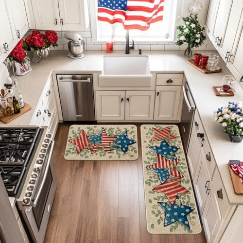 Artoid Mode American Flag Stars Eucalyptus Patriotic 4th of July Kitchen Mats Set of 2, Memorial Day Home Decor Kitchen Rugs for Floor - 17x29 and 17x47 Inch