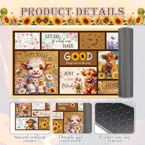 Highland Cow Kitchen Mats, Highland Cattle Sunflower Non Slip Rugs