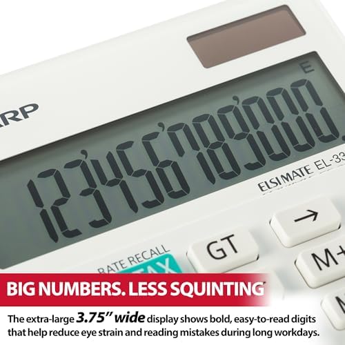 Sharp 12-Digit Dual Power Business Calculator, Extra-Large Fixed LCD Display, White Desktop Business Calculator, 6.6 x 4.4 Inches (EL-334WB)