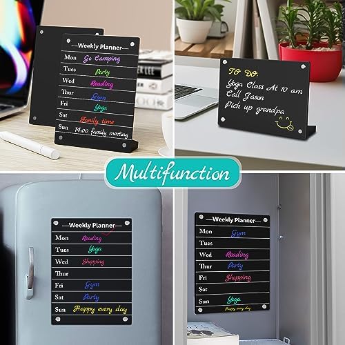 2PCS Black Acrylic Weekly Dry Erase Board Desktop, 8x6 Small Magnetic Whiteboard with Stand for Table Fridge Calendar Memo Board, Daily Planner Blackboard Easel for Office, School