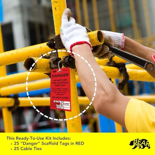 BearTOOLS Scaffold Tags - Safety Inspection Kit with Cable Ties - Danger Scaffold Status Warning Sign - Laminated 3 x 6 in, Pack of 25 - Weatherproof, Tear-Resistant - Red Tags