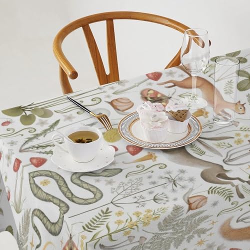 Country Forest Tablecloth, Wild Animal Hare Squirrel Owl Snake Snail Flowers Mushroom Table Cover for Tea Party Weddings Indoor Outdoor Dining 60x90in