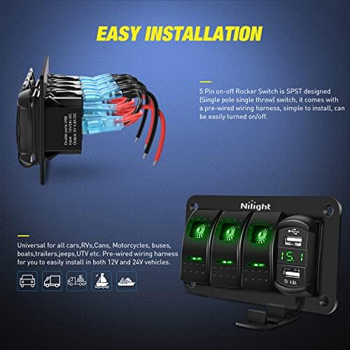 Nilight 3 Gang Rocker Switch Panel with 4.8 Amp Dual USB Charger Voltmeter Waterproof 12V 24V DC Night Glow Stickers for Cars Trucks Boats RVs