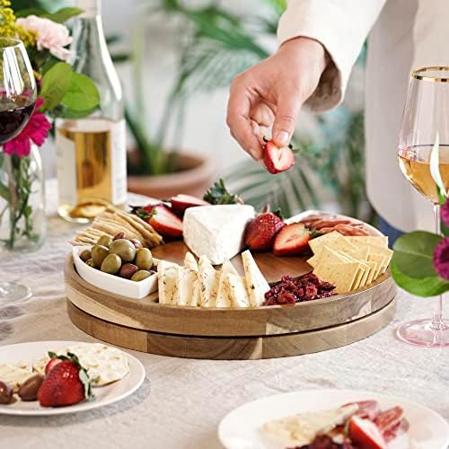 Twine Rotating Wood Serving Board - Round Charcuterie Board - Lazy Susan Wooden Cheese Board Set with Ceramic Dishes - Set of 1