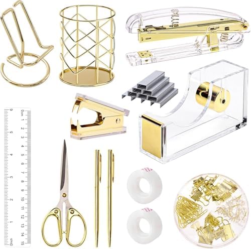 suniya Office Supplies,Gold Desk Accessories,with Stapler,Tape Dispenser,Pen Holder,Scissors,Phone Stand,Staple Remover,Ballpoint Pen,Clear Tape, Staples,Ruler,Clips,Best Gift for Business or Boss