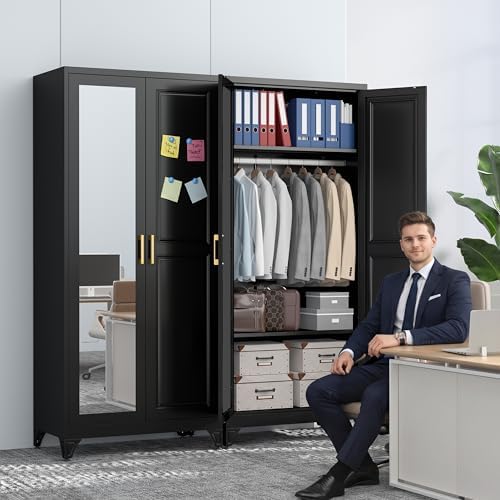 Polup Metal Armoire Wardrobe Closet with Mirror, 71" Tall Black Cabinet