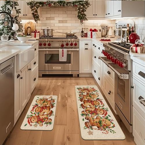 Baccessor Christmas Gingerbread Kitchen Rugs Set of 2,Merry Christmas Xmas Winter Kitchen Mats Washable Non Slip for Floor Hallway Laundry Sink Holiday Home Decor 17x29 and 17x47 Inch