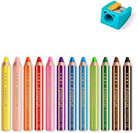 STAEDTLER Noris Junior 3-in-1 Jumbo Coloring Pencils: 12 Count - Colored Pencil, Wax Crayon, & Watercolor Pencil All In One, Toddler & Preschool Art for Ages 2+, With Sharpener, Easy Grip