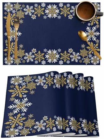 Gold White Snowflakes Christmas Placemats Set of 4, Winter Xmas Holiday Heat Resistant Washable Table Place Mats Navy Blue Cotton Table Linens Party Holiday Decor for Kitchen Dining Outdoor Indoor