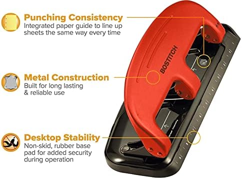Bostitch Office EZ Squeeze 20 Sheet Standard 3 Hole Punch, Metal Construction, Red (2220-RED)